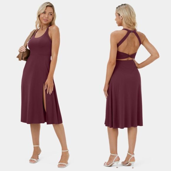 HALARA Dresses & Skirts - 🟡SOLD🟡Halara Split Midi Casual Dress Backless Cut Out Pocket in Fig NWT